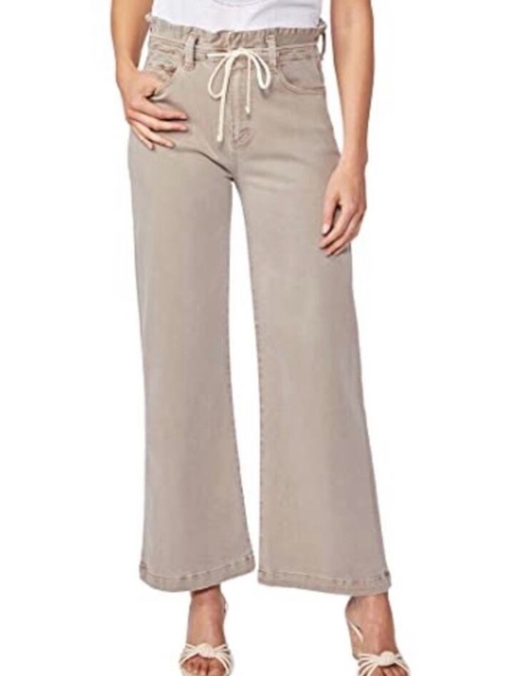 🌷PAIGE CARLY WIDE LEG ANKLE JEANS VINTAGE MOSS TAUPE DRAWSTRING WOMENS 34🌷